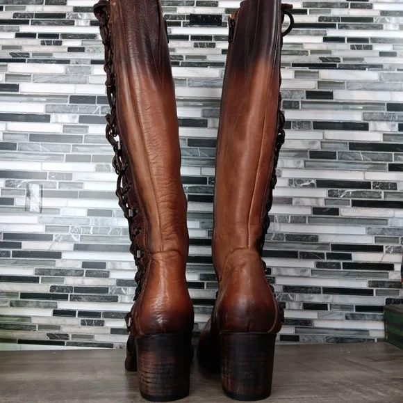 Freebird Wyatt 8M Cognac Brown Leather Knee-High Lace Up Granny Boots Rare New - Picture 7 of 16